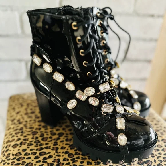 Wild Diva Black Patent Leather Gemstone Boots - Picture 2 of 16